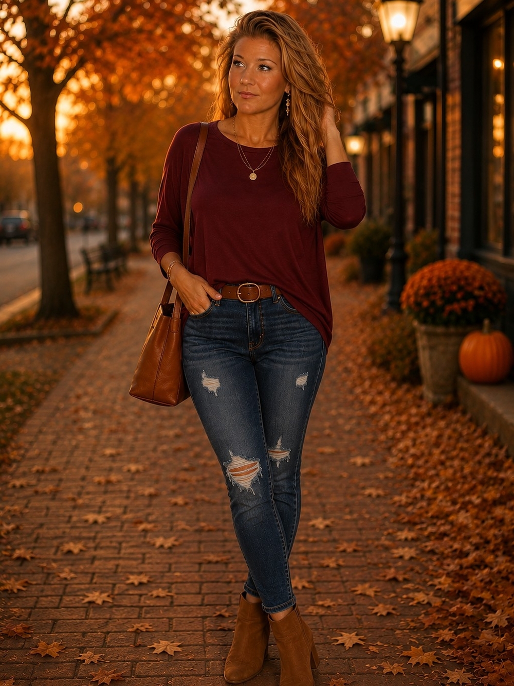 Women's Long-Sleeve Crewneck Top in Burgundy